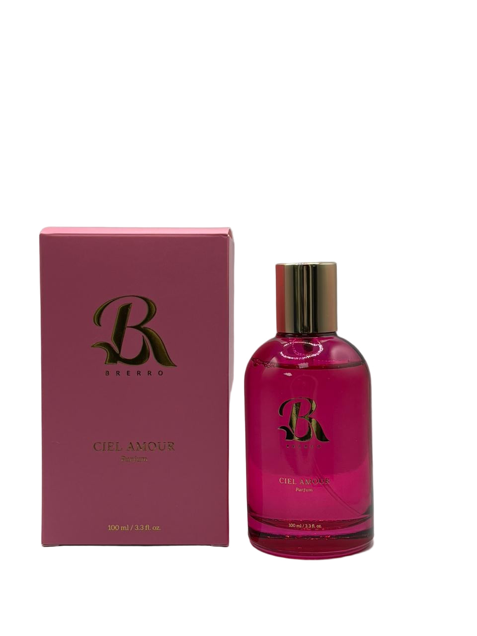 Pink perfume Brerro Ciel Amore bottle and packaging with 'BR' logo on a white background