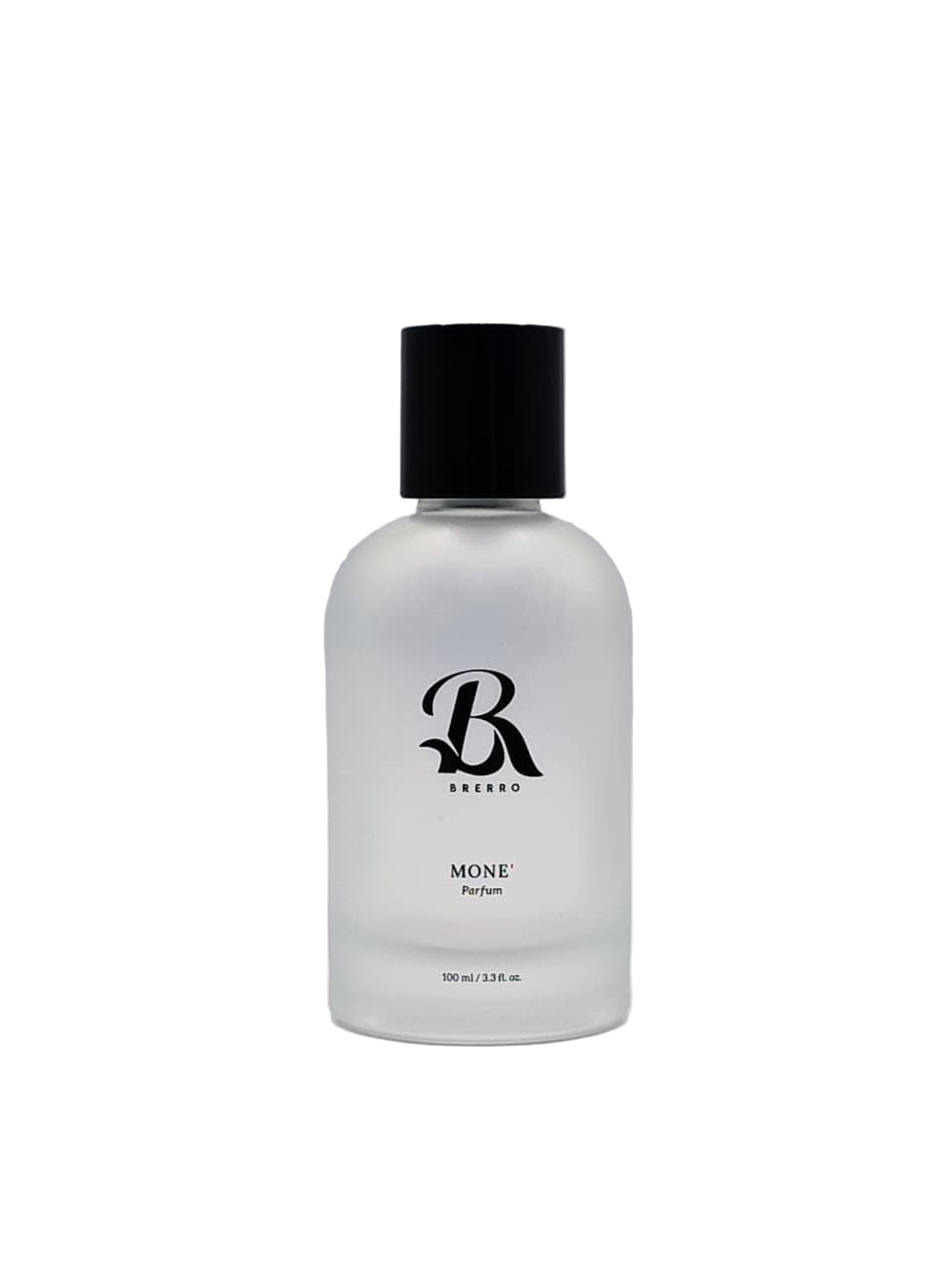 Bottle of Breero perfume with black cap on a white background