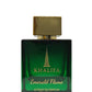 Green perfume bottle with gold cap labeled 'Khalifa Emerald Flame' on a white background