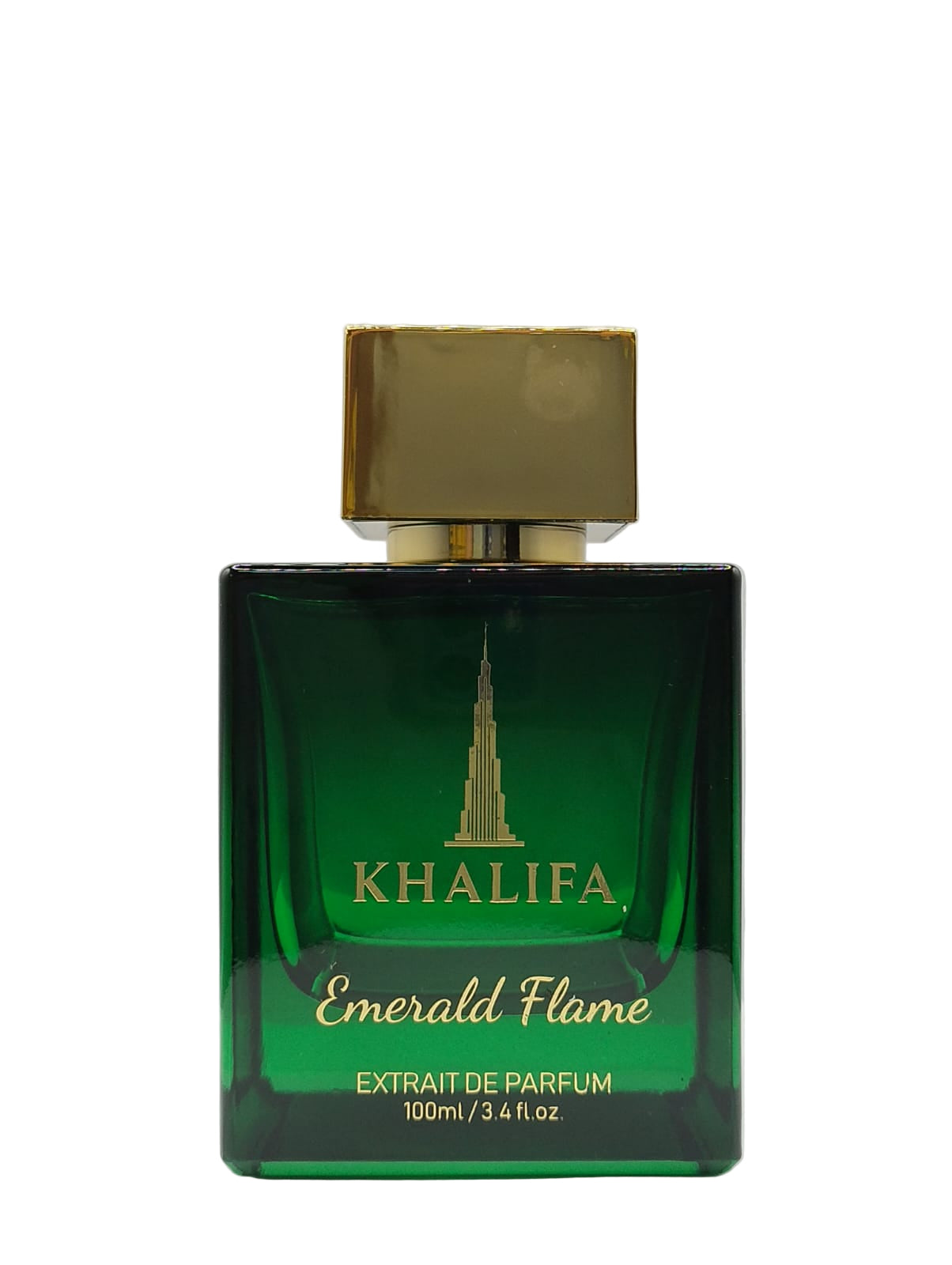 Green perfume bottle with gold cap labeled 'Khalifa Emerald Flame' on a white background