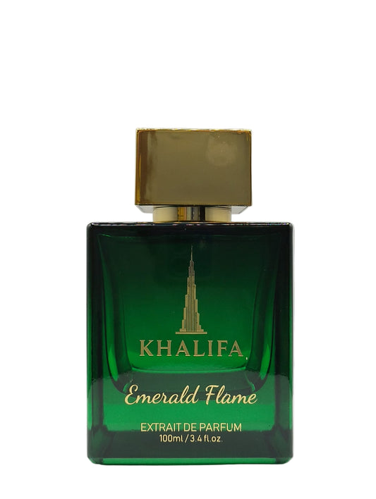 Green perfume bottle with gold cap labeled 'Khalifa Emerald Flame' on a white background