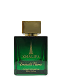 Green perfume bottle with gold cap labeled 'Khalifa Emerald Flame' on a white background